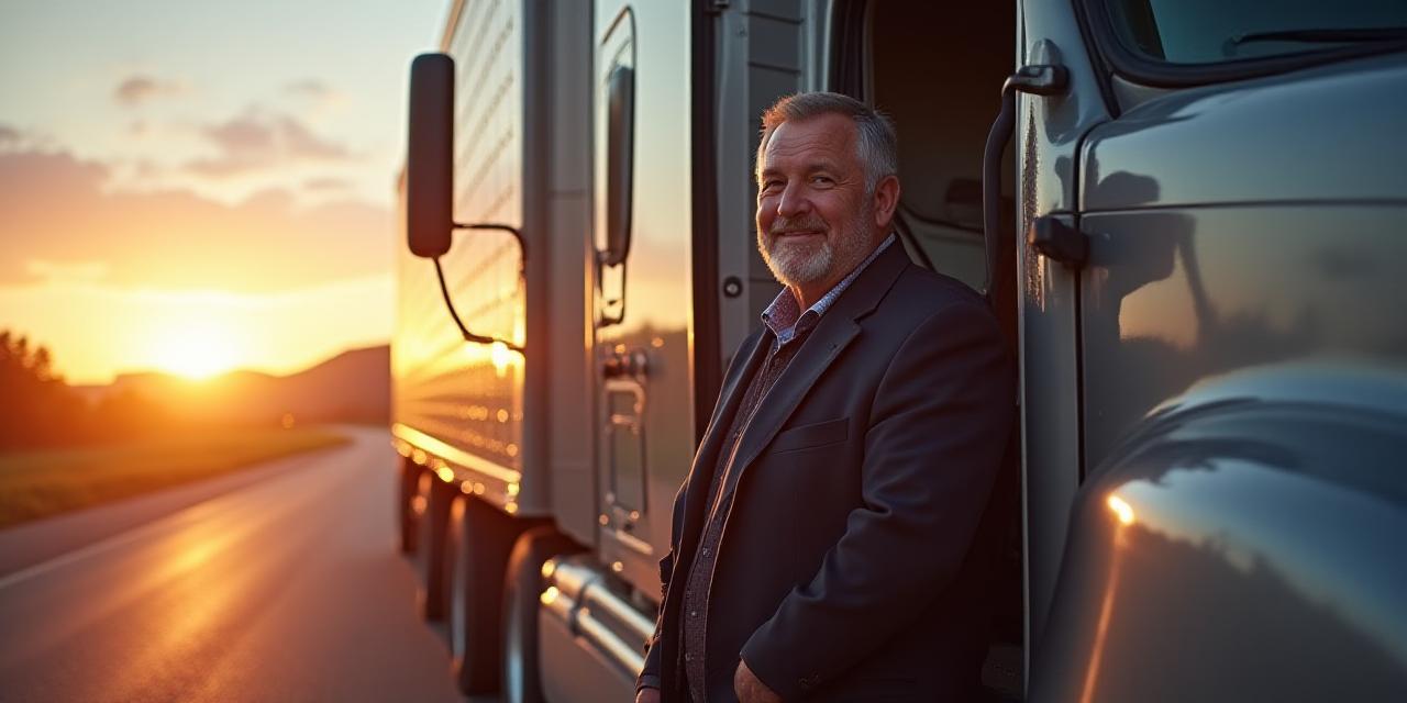 Professional driver with a modern semi-truck at sunset