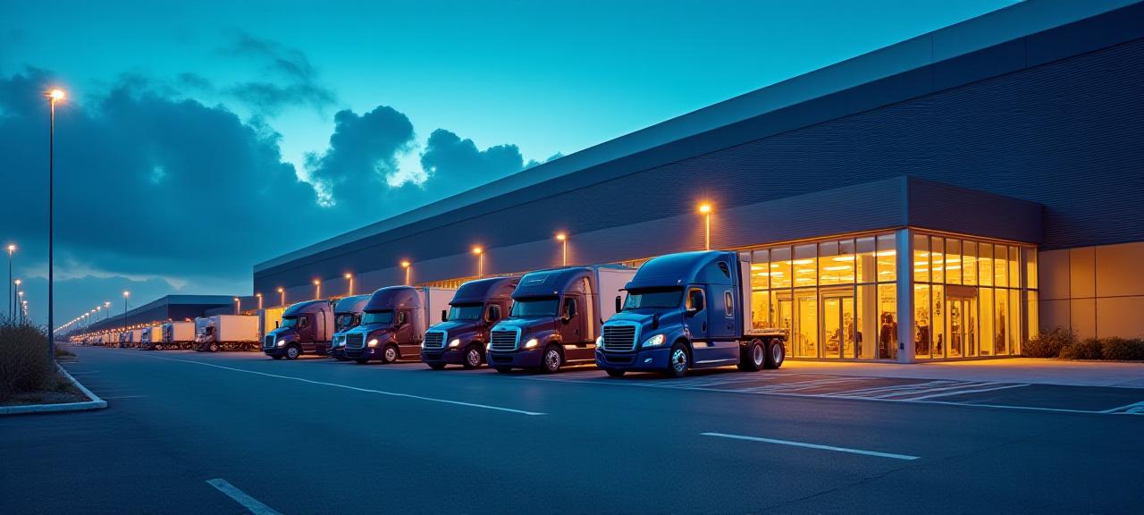 Modern logistics hub with trucks and staff
