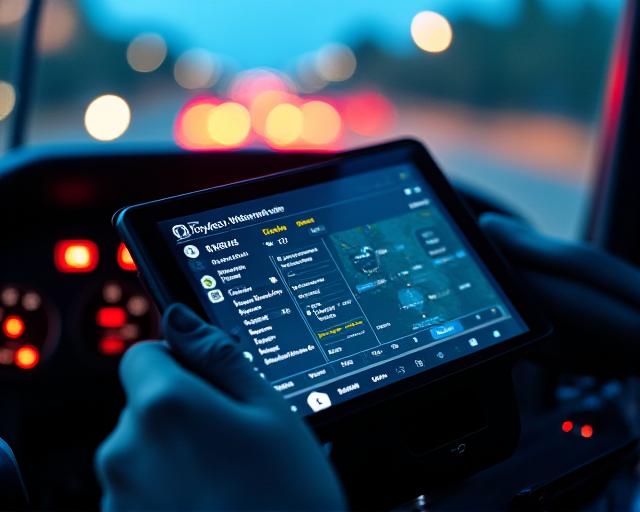 Close up of professional truck driver using electronic logging device and tablet