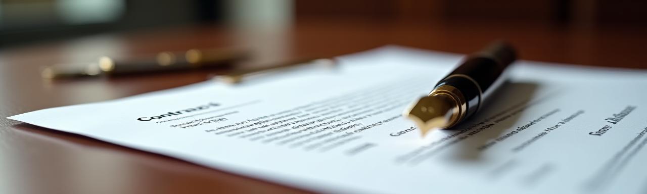 Close up of a legal document and a fountain pen on a professional desk